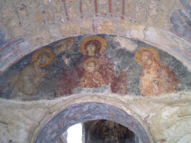 Narthex fresco in the Hodegetria depicting Mary and Child with Joachim and Anna, c. 1310
