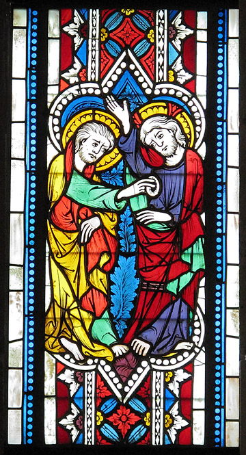 "Doubting Thomas" Stained Glass, ca. 1340–50, from the church of St. Leonhard, Lavanttal, Austria. (Photo: The Cloisters Collection)
