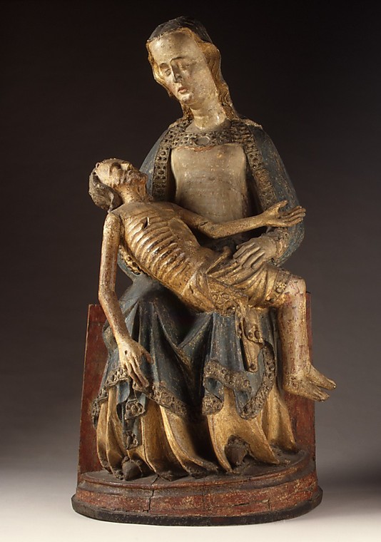 "Pietà" from the Rhine Valley, Germany, ca. 1375-1400.  This emotional, devotional statue is made of wood and painted plaster. (Photo: The Cloisters Collection)