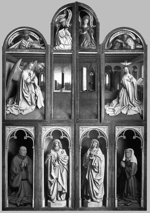 Ghent altarpiece front black and white