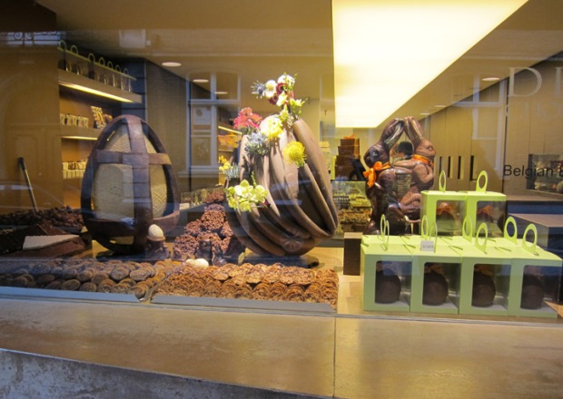 Bruges, Belgium chocolate truffle shop window Depla Chocolaterie