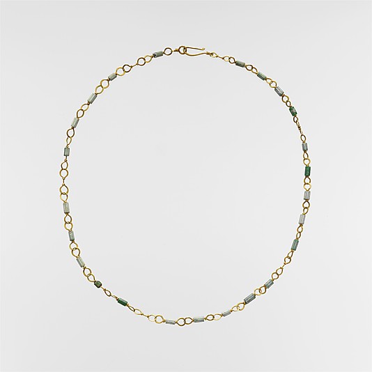 Gold necklace with emerald and variscite beads
