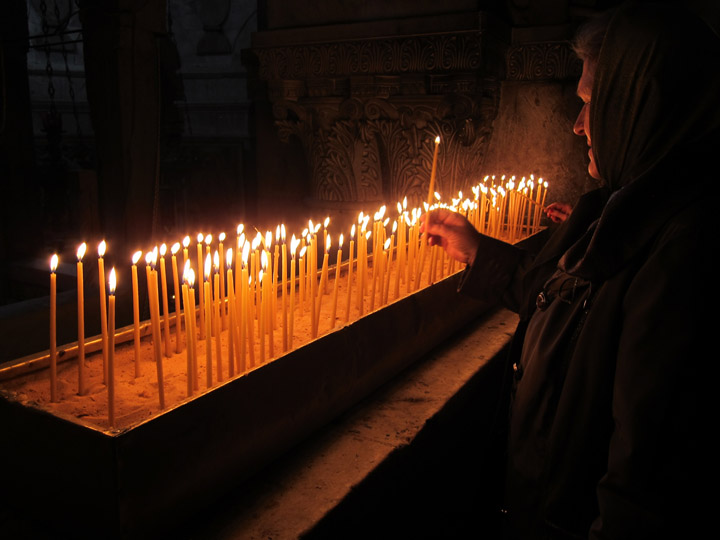 Candle holder just after Golgotha in the Holy Sepulchre